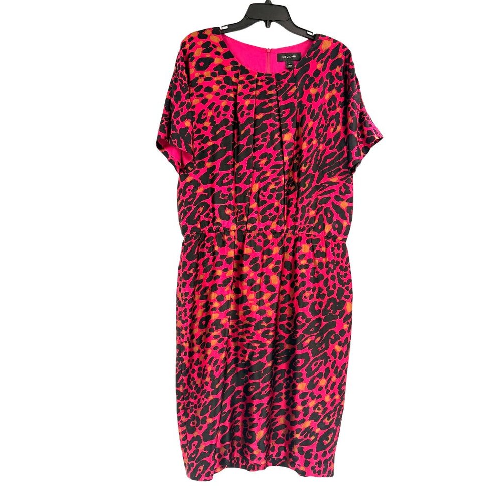 St. John Pink & Black Leopard Print Silk Blend Midi Dress Size 14 - Picture 2 of 6